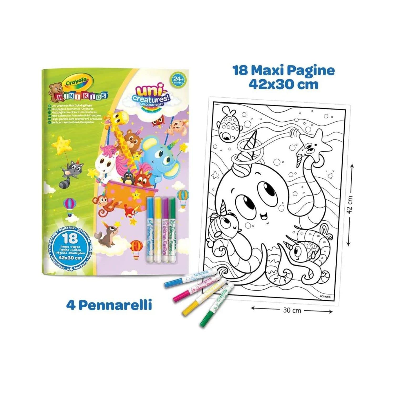 Crayola Mini Kids - Album z 18 kolorowankami w rozmiarze Maxi i 4 zmywalnymi markerami, kreatywna aktywność dla dzieci od 24 miesięcy, 25-1045G