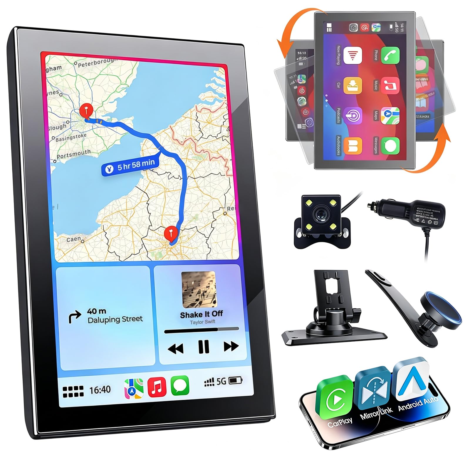 Display Portatile da 7" per Apple CarPlay e Android Auto | Schermo Orientabile Con Telecamera di Retromarcia, Mirror Link, Aggiornamenti OTA, Comando Vocale Bluetooth, per Autovetture