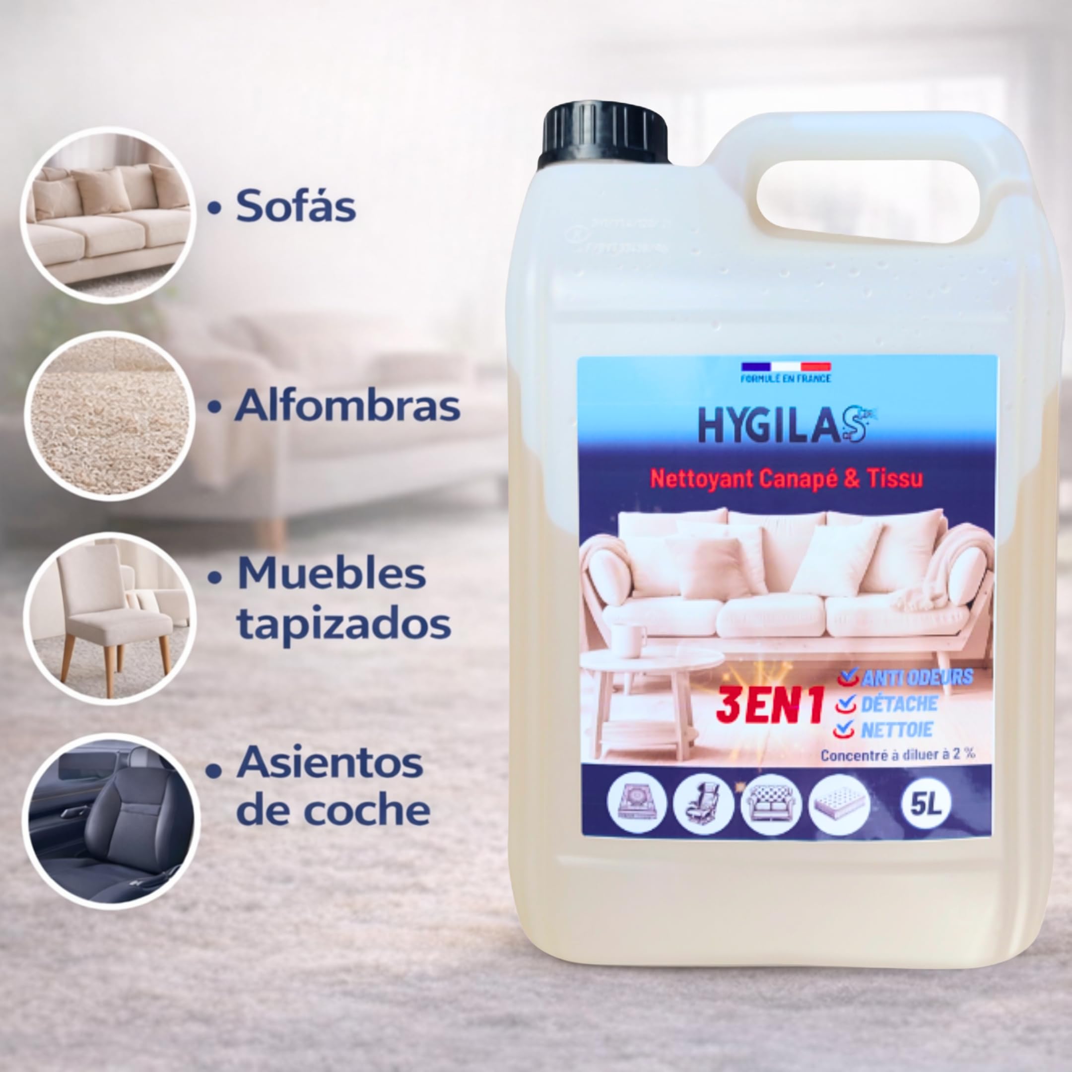 HYGILAS Limpiador Tapicerías Sofá 5L Profesional | Ultra Concentrado (500L) | Elimina Manchas y Olores | Compatible Inyector Extractor, Alfombras y Asientos Coche