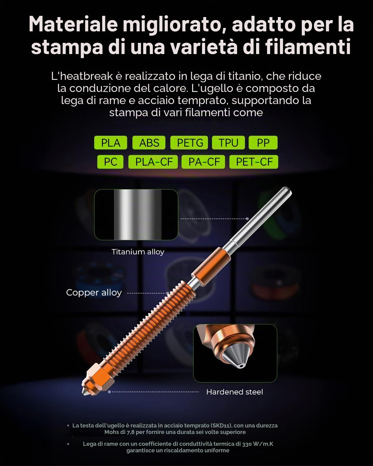 Ugello ufficiale Creality K2 Plus, kit di sostituzione ugelli Creality Hi Combo Hotend con lega di rame e titanio, acciaio temprato, ugello Unicorn aggiornato per K2 Combo (0,4 0,6 0,8 mm 4 pezzi)