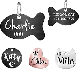 Ultra Joys Cat Tags Personalized Small Cat Dog ID Tag - Cat Collar with Name Tag Pet Tags for Cats - Stainless Steel Cat Name Tags - Pet Tags for Cats Both Side Engravable, Fish Tag in Black