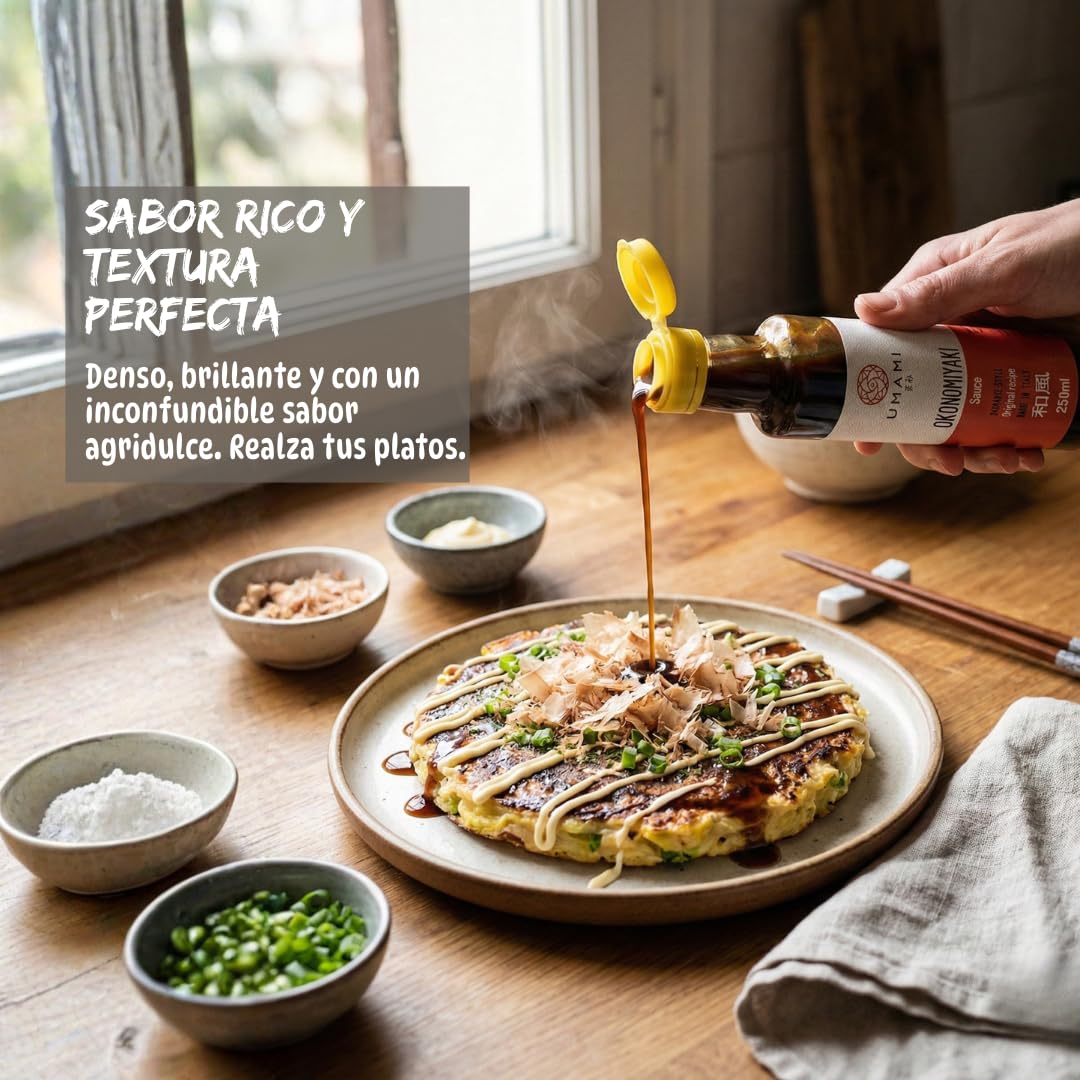 Umami Salsa Okonomiyaki Japonesa 250ml - Con Frutas y Verduras BIO - Para Okonomiyaki, Takoyaki y Street Food - Sin Conservantes ni OMG - Sabor Auténtico
