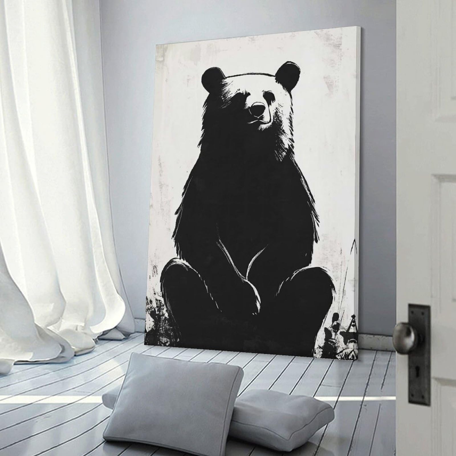 Junmoney Canvas Wall Art Black And White Bear Illustration, 24x36inch(60x90cm), for Corridors, Hallways Or Apartment Entries, Decorative Canvas Styling for Entry Areas