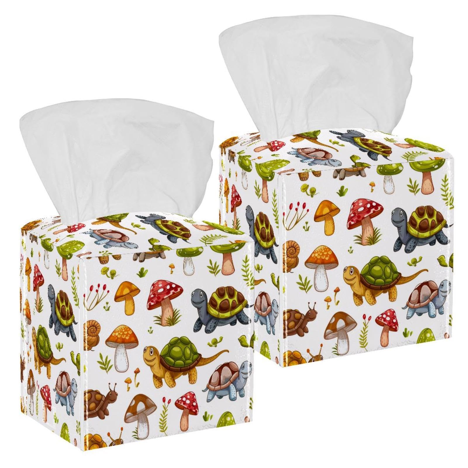 Mushrooms Turtles Tissue Box Cover, 2 Pack PU Leather Square Facial Tissue Dispenser Box holder for Home Office Car