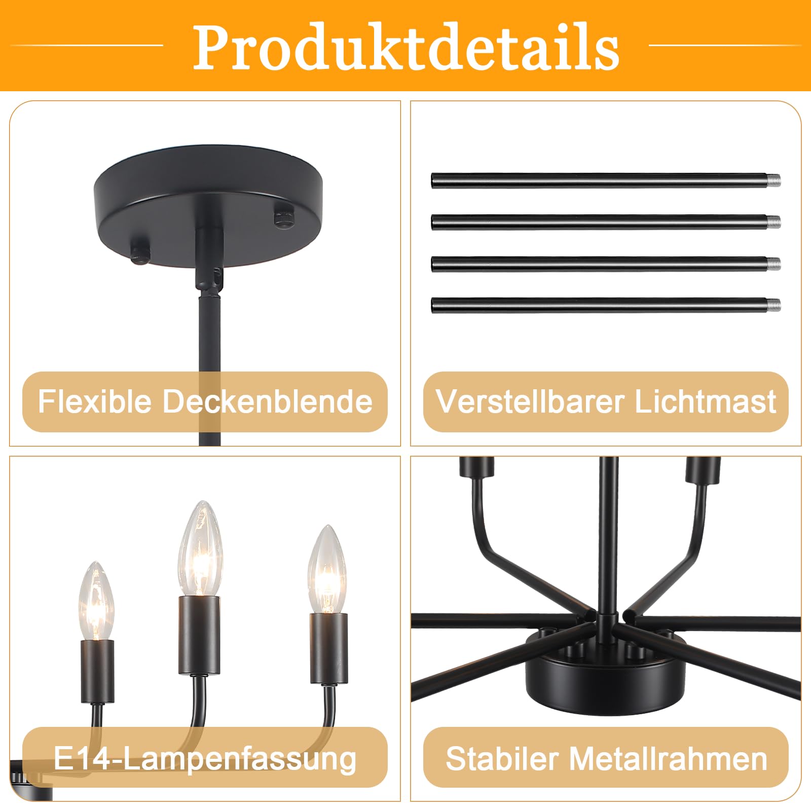 Kronleuchter Schwarz 6 Flammig, Kronleuchter Modern Hängelampe, E14 | Deckenlampe Hängend Pendelleuchte Gold, Wohnzimmerlampe Hängend Vintage für Schlafzimmer Esszimmer Küche Flur, Max 60W, 220V
