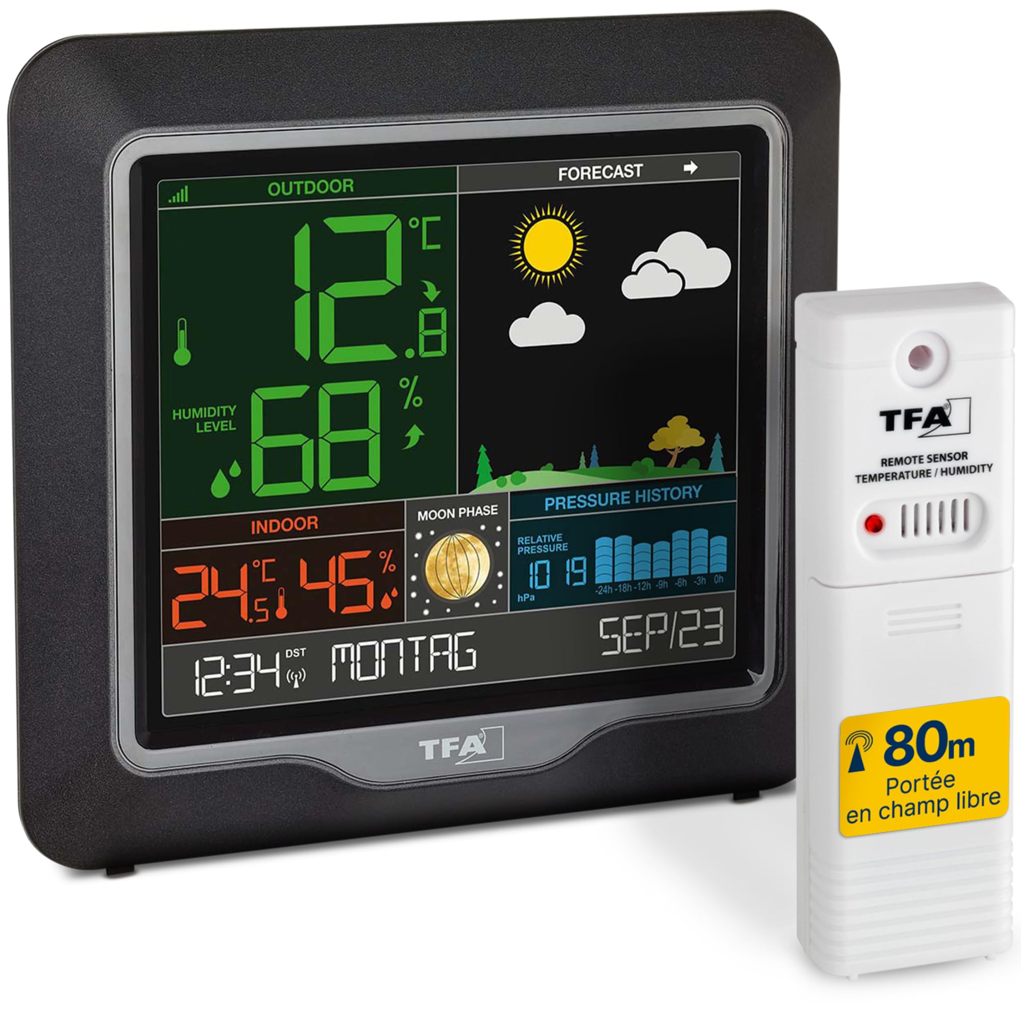 TFA Dostmann Station météo interieur exterieur sans fil Season, 35.1150.01, avec capteur pour température et humidité int./ext., phases de lune, pression atmosphérique, noir