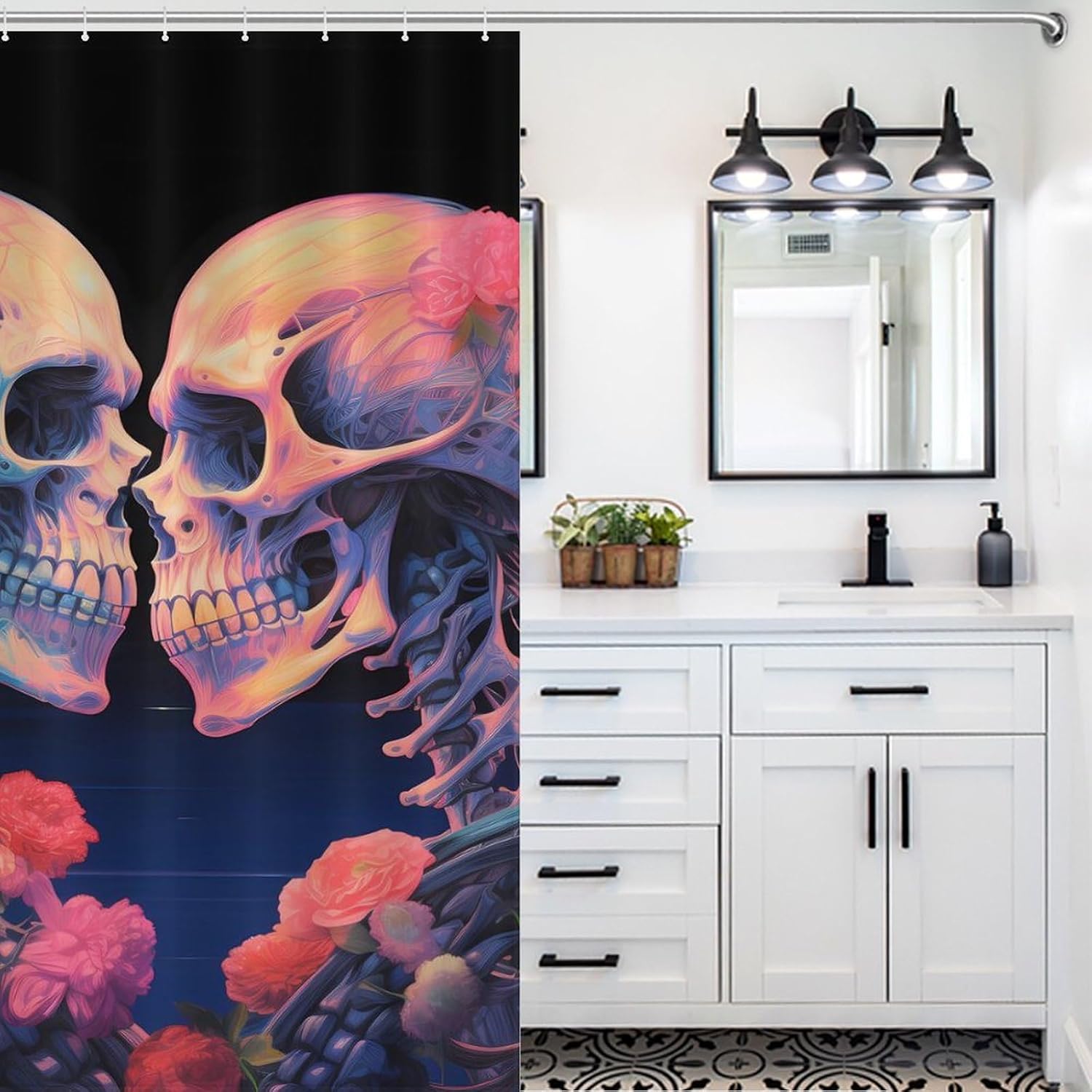 Skeletons in Love Funny Shower Curtains Washable Bath Curtain Liner with Hooks for Bathroom Bath Tubs