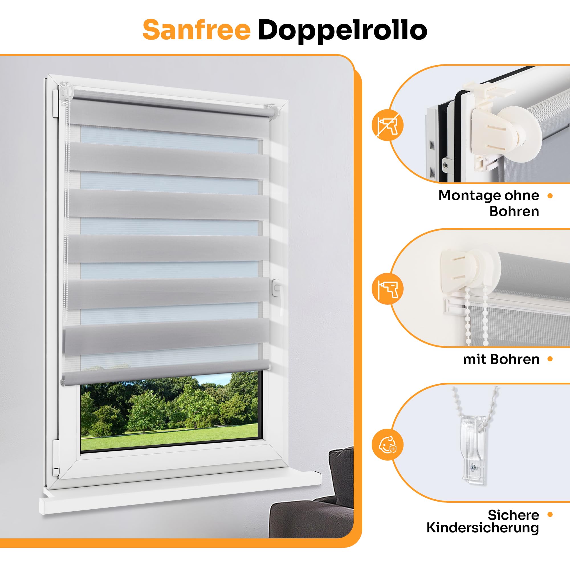 Doppelrollo klemmfix ohne Bohren B60 x H190cm-Stoffbreite 56cm Grau Rollos für Fenster Fensterrollo innen ohne Bohren Klemmrollo Rollo… – Ansicht 4