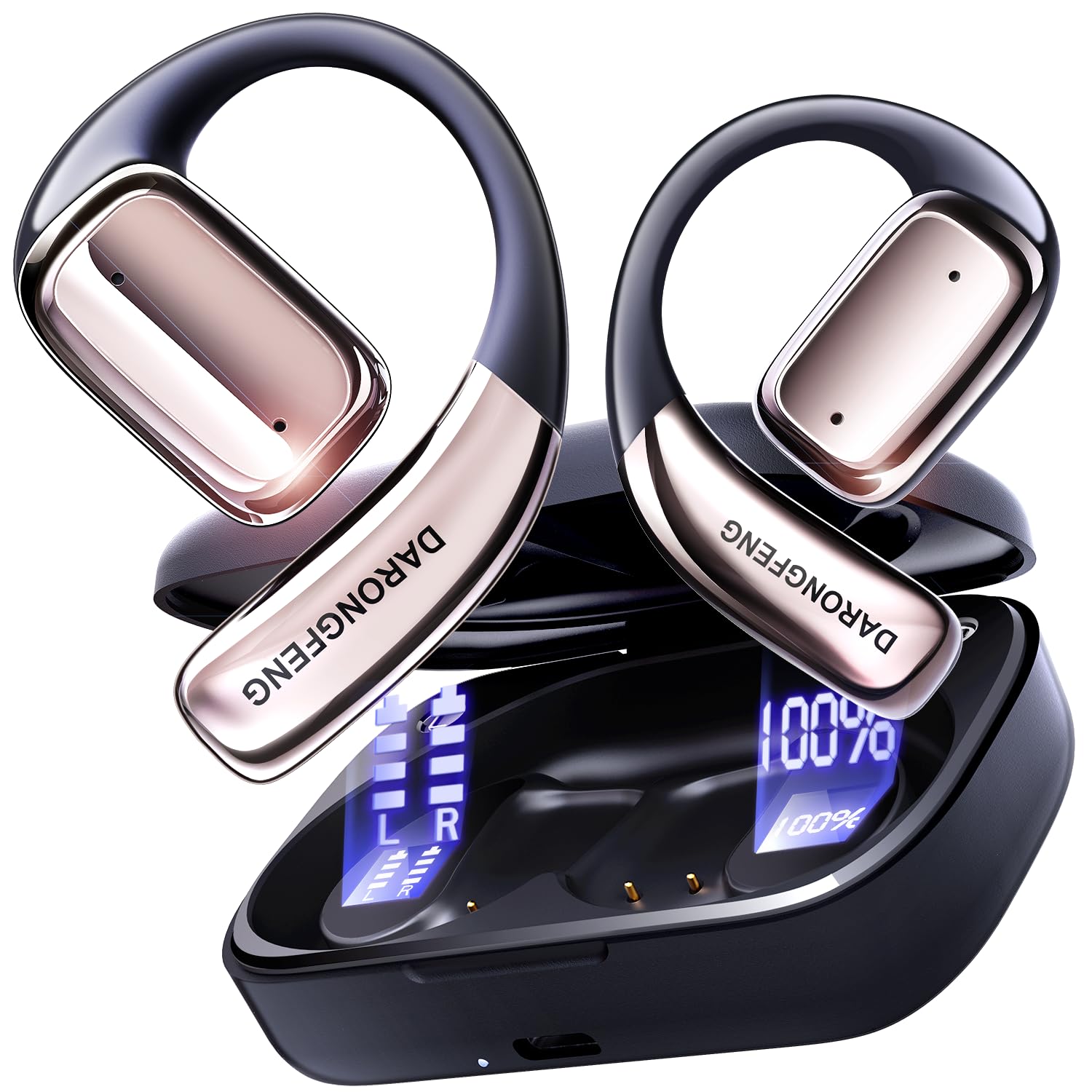 Open Ear Wireless Bluetooth Headphones, Pain-Free Air Conduction Ear Buds with LED Digital Display Charging Case, Sweat Resistant for Running, Safe Driving, and Extended Daily Use
