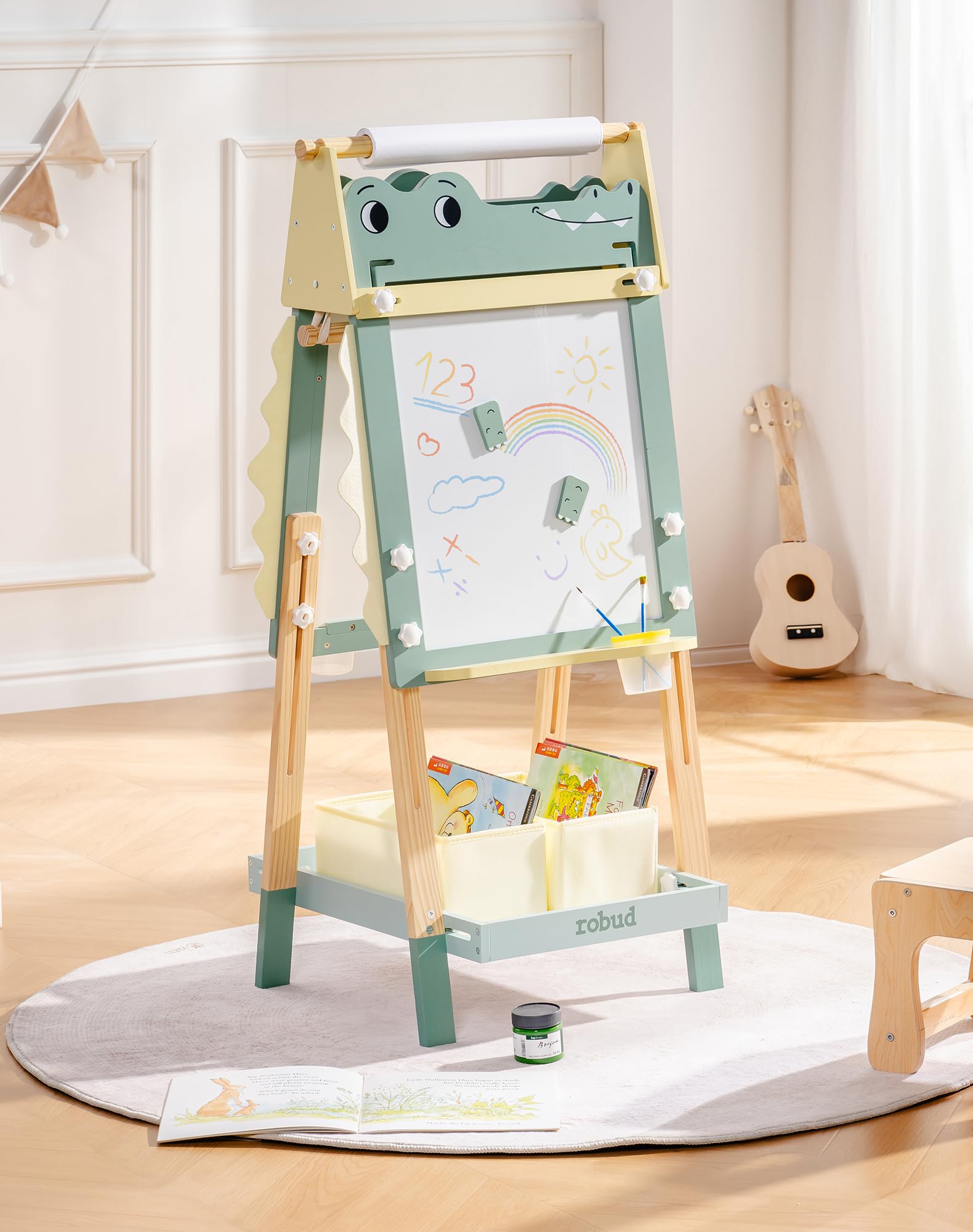 ROBUD Cavalletto in legno per bambini, lavagna bianca e lavagna a gesso a doppia faccia con rotolo di carta, tavola da disegno regolabile in altezza con magneti, vasetti di colore, vassoio