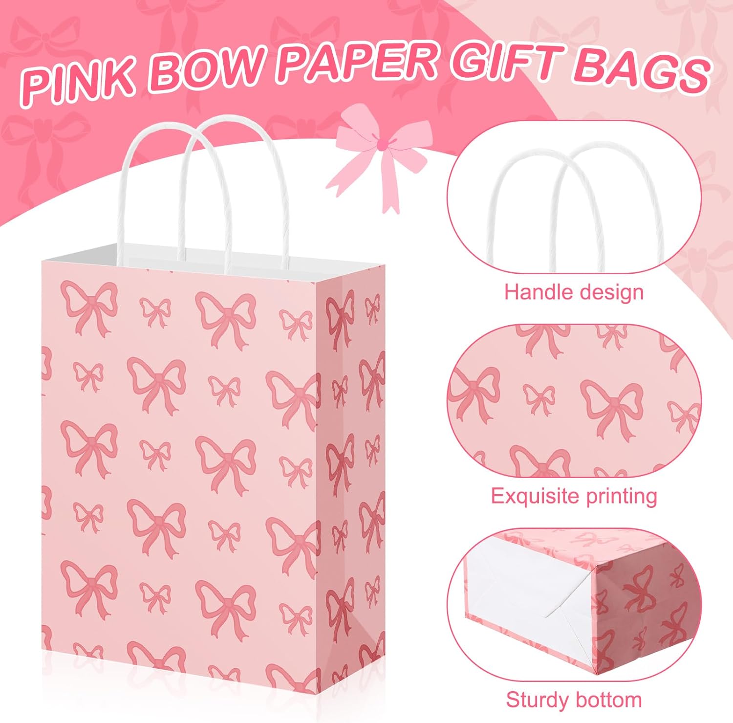 Geyoga 24 Pcs Valentines Pink Bow Paper Gift Bags Pink Party Favor Coquette Goodie Candy Bags with Handle for Bestie Best Friends Birthday Wedding Bridal Party Supplies - Image 3