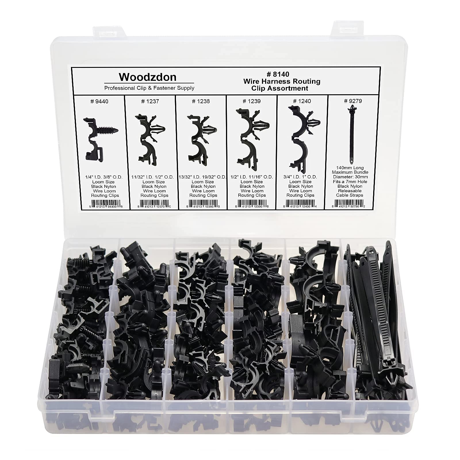 Woodzdon 132 Pcs 6 Size Automotive Wire Loom Routing Clip Wiring Harness Split Flexible Tubing Convoluted Conduit Assortment Kit Fit 3/8 inch to 3/4