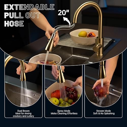 Vista 50 de APPASO Grifo de cocina cuadrado con filtro, grifos de fregadero de 3 vías negro mate con rociador extraíble, 2 modos, arco alto, moderno, 2 asas