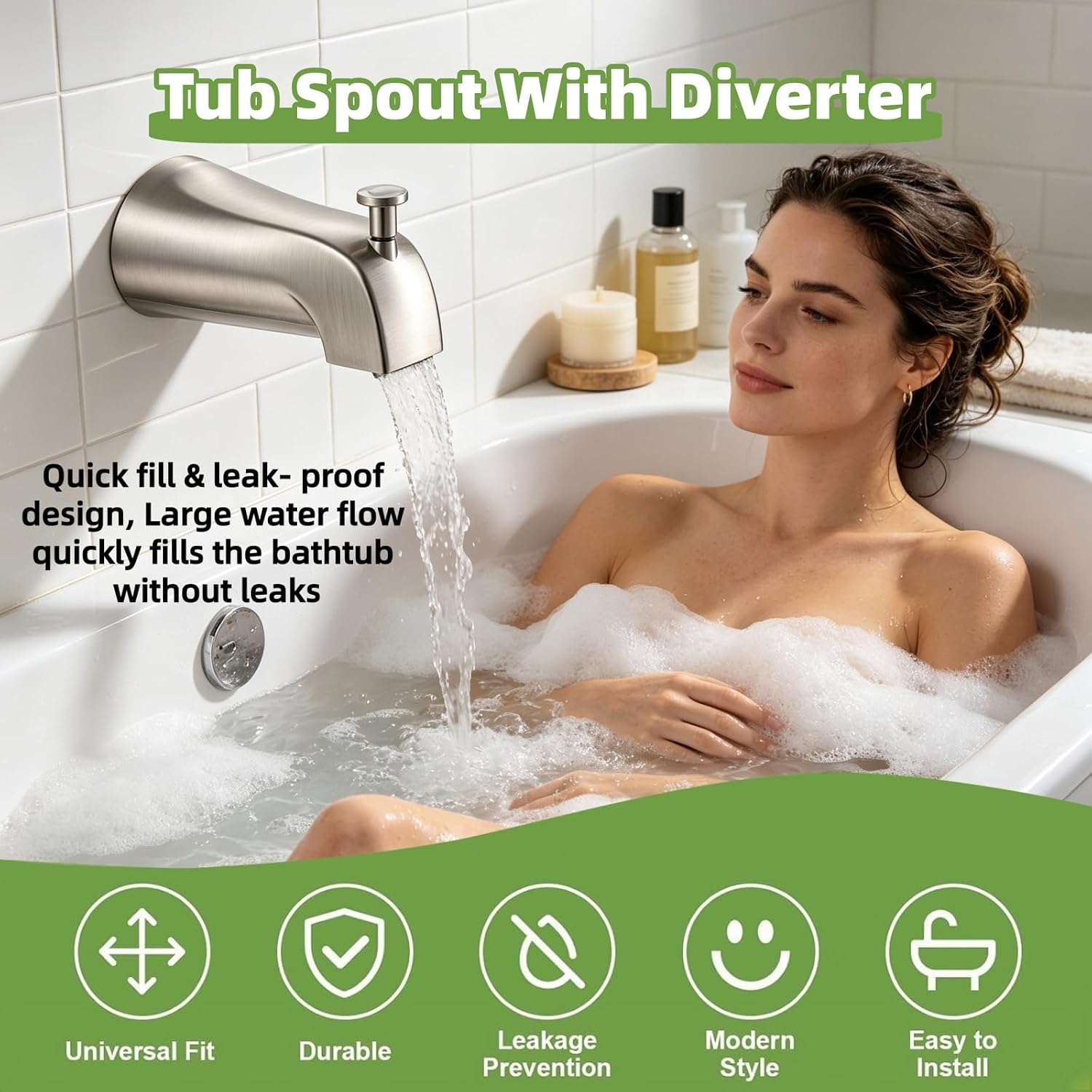 Universal Tub Spout with Diverter Kit, Bath Tub Faucet, Fits 1/2" Slip-Fit Copper & 1/2" IPS/3/4 IPS Threads, Includes Adapters, Tape, Hex Wrench & Metal Cover Ring, Bathtub Spout with Diverter
