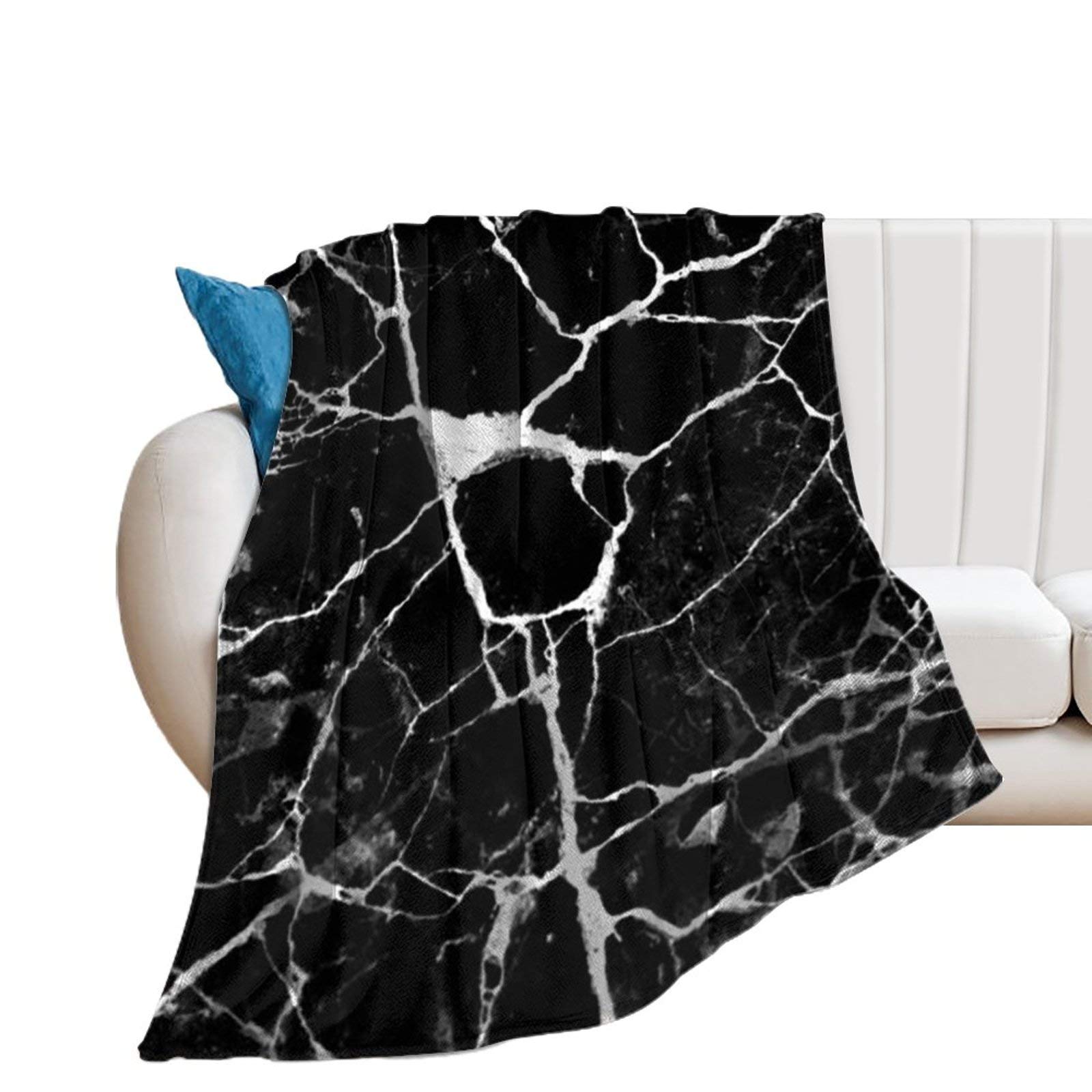 fifbird Flannel Fleece Throw Blanket Marble Print Black White Pattern Breathable Home Blanket for Bed Couch Cozy Warm Camping Blanket for Women Men 80"x60"