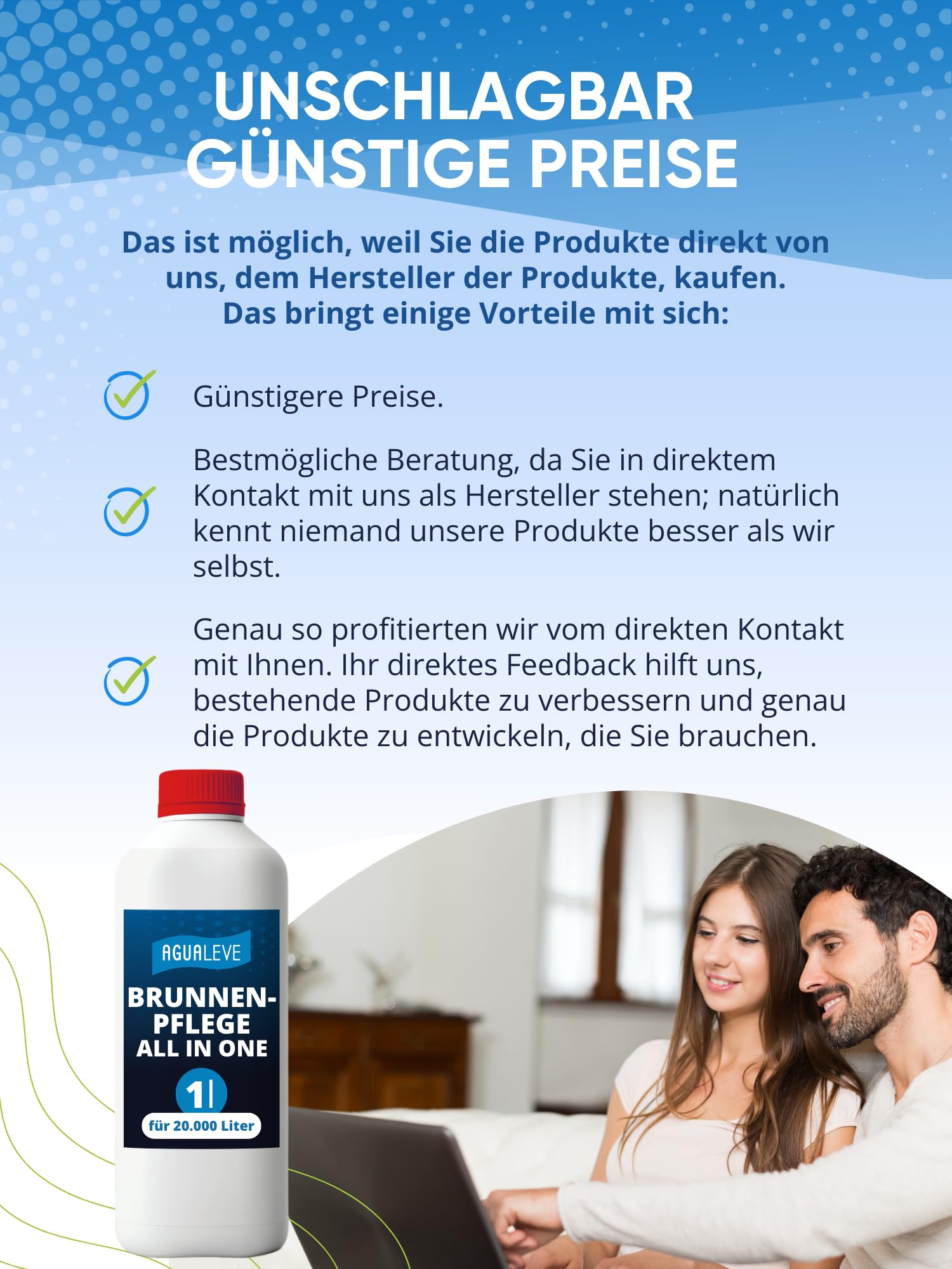 AGUALEVE® Brunnenpflege All in One 1 Ltr. *NEU* | Desinfektion, Algenschutz, Kalkschutz und Kristallklareffekt | für alle Brunnen geeignet, die Nicht säureempfindlich sind | Made in Germany
