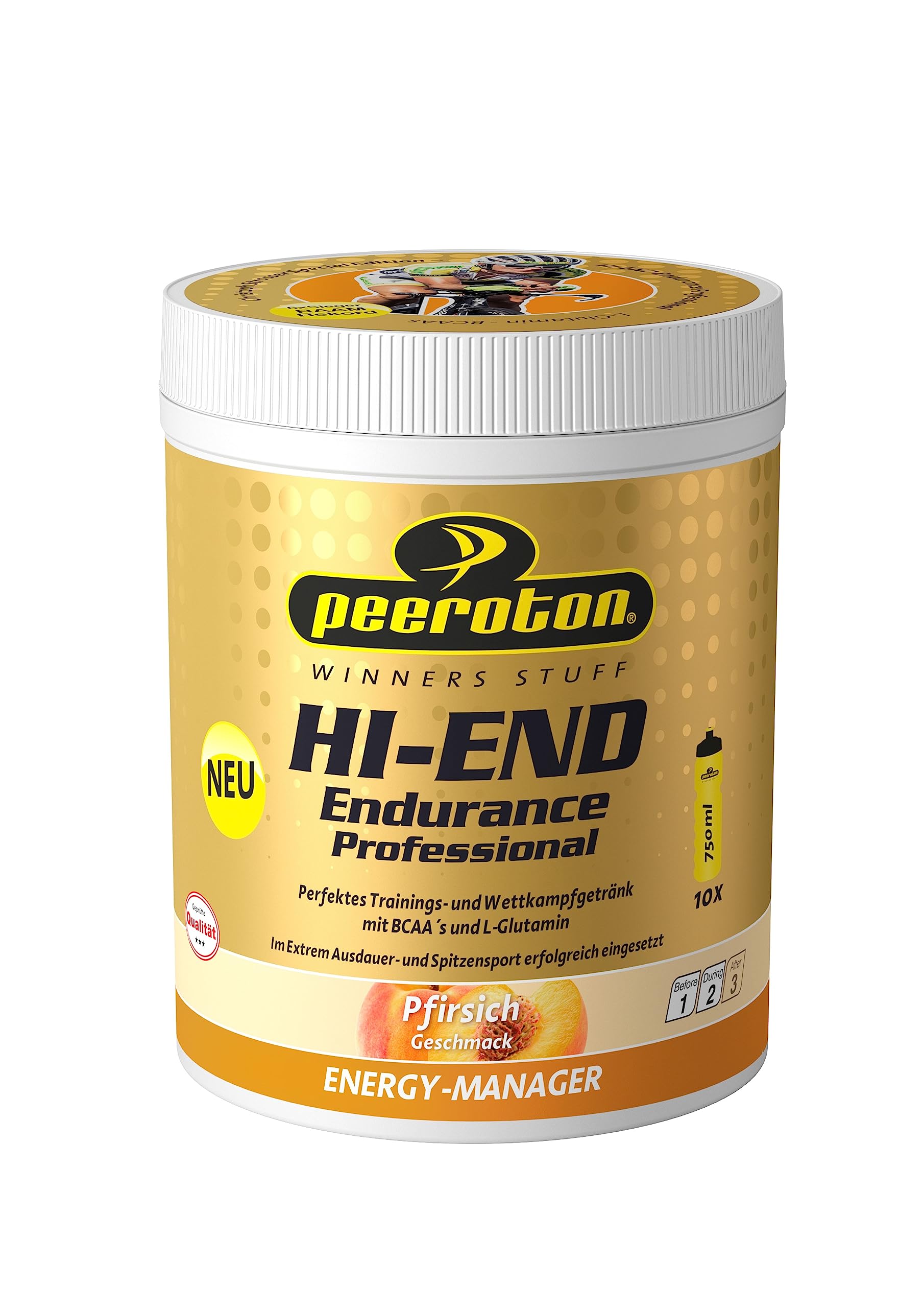 Peeroton Hi End Endurance Professional Pfirsich - Isotonisches Getränkepulver - hochwertig abgestimmte Kohlenhydrat Mischung mit BCAAs und Glutamin, Optimales Natrium-Kalium Verhältnis - 600 g