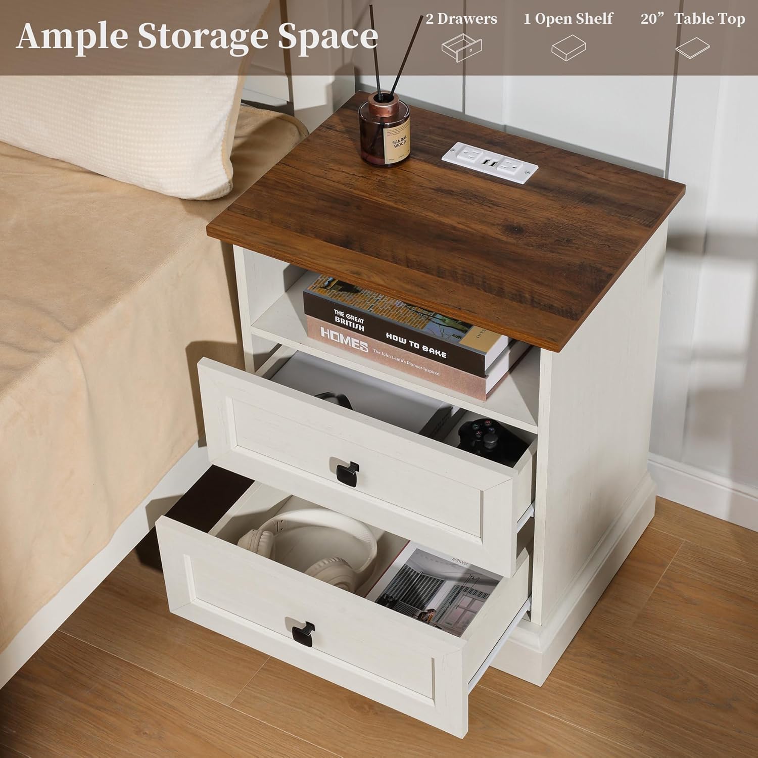 Night Stand Set 2 with Charging Station, Bedside Table with 2 Drawers Storage and Open Shelf, Antique White Nightstand with Outlets, Wood Modern End Table for Bedroom Office