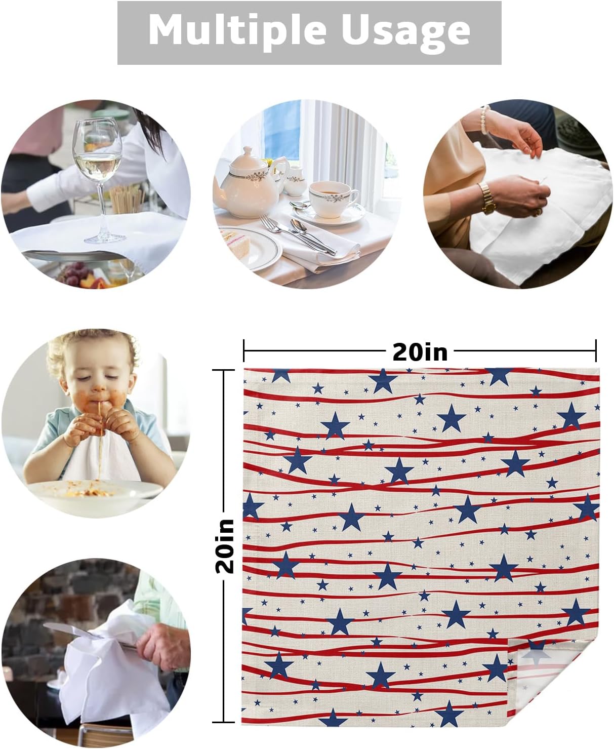 Kitchen Cloth Napkins 6 Pack Reusable Dinner Napkins 4th of July Patriotic Independence Day Blue Star Red Stripe Soft Smooth Fabric Table Napkin for Wedding Banquet Party Decoration (20x20 Inches)