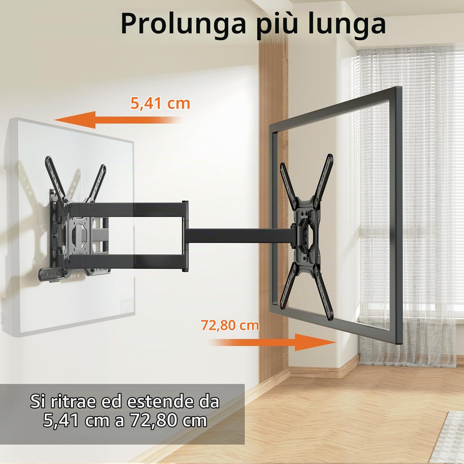 Supporto TV Parete con Braccio Extra Lungo 728mm per TV da 23-65 pollici, staffa TV angolare con supporto girevole e inclinabile a 180°, Max. VESA 400 x 400 mm, può reggere fino a 35KG