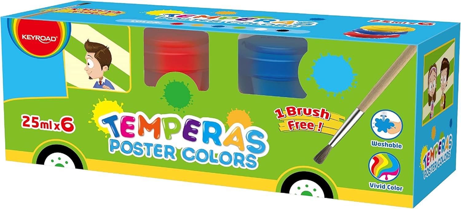 Keyroad Tempera Paint Poster Paint with Brush / 6 x 25 ml Colours: Red, Yellow, Blue, Green, White, Black/Painting Paints Craft Paints for Kids