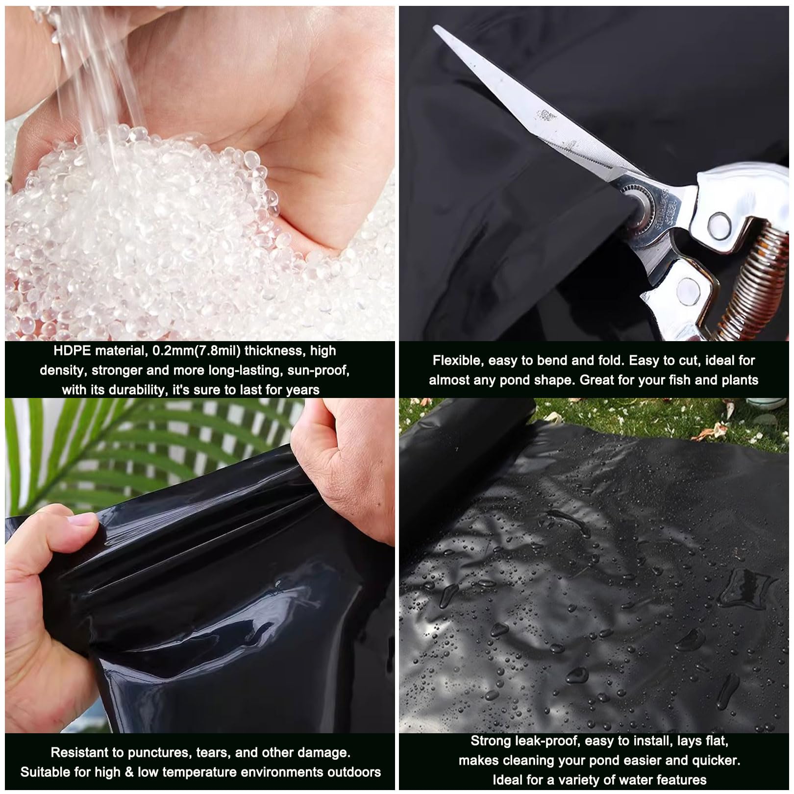 Revestimiento para Estanque de HDPE, Flexible Mallas para Estanque Resistente al Desgarro 0,2mm Lona para Estanques de Jardín, Koi y Piscinas de Peces(Size:8x8m,Color:Negro)