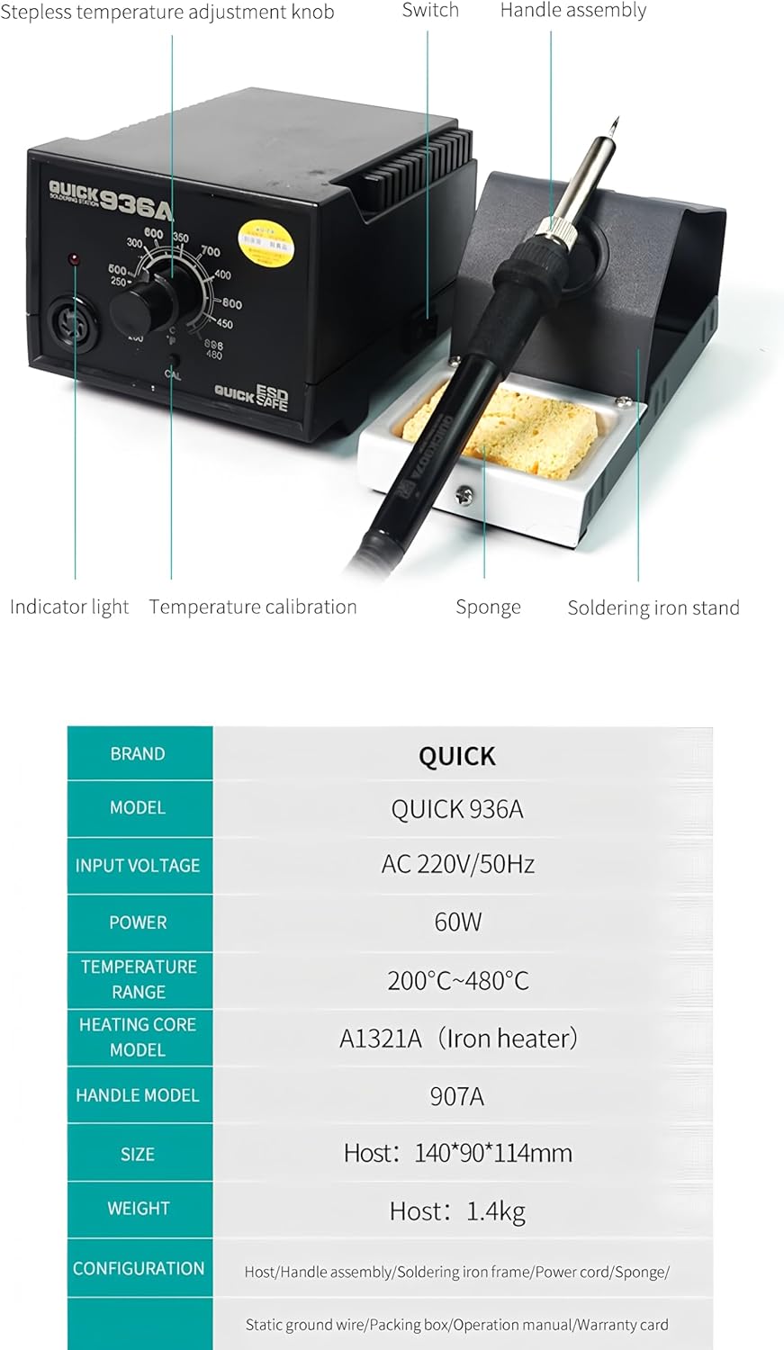 QUICK/SUNSHINE 936A 60W welding equipment anti-static constant temperature soldering station with regulator soldering iron rework station