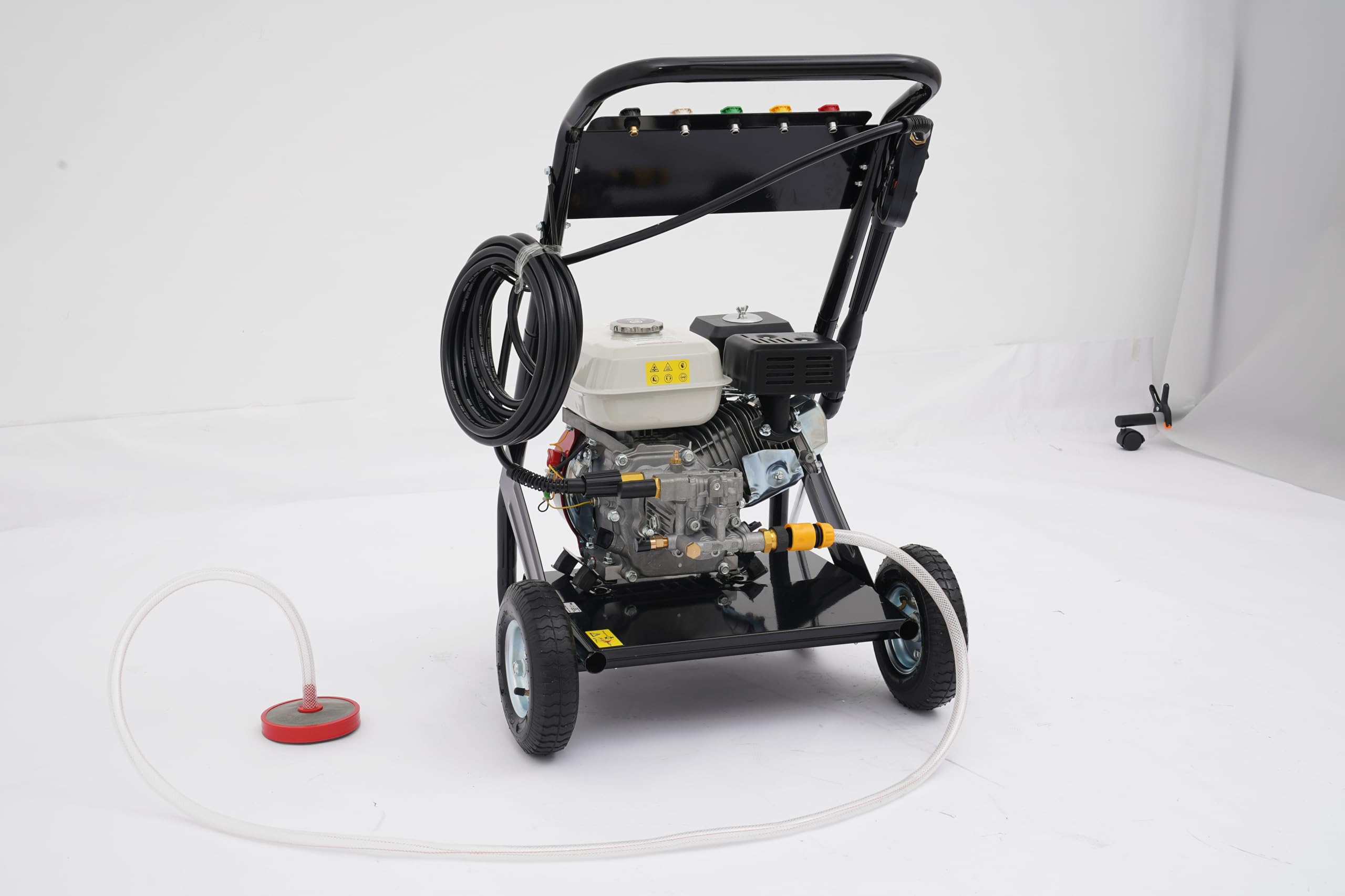 Limpiador de alta presión de gasolina con manguera de alta presión de 8 m, 7,5 CV, máquina de limpieza de gasolina, 180 bares, presión de trabajo, 5 boquillas y manguera, motor de gasolina de