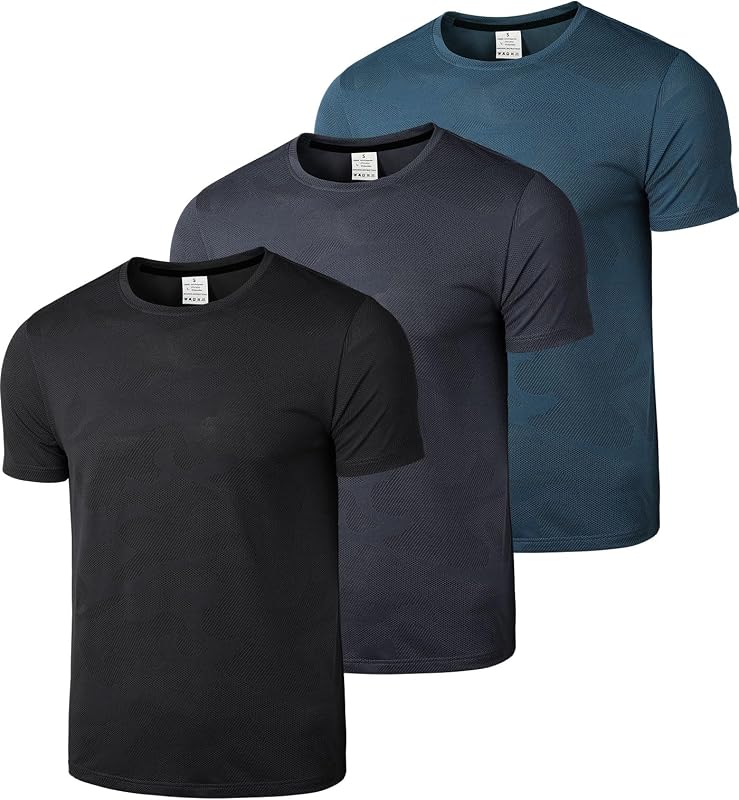 Superora Paquete de 3 camisetas deportivas para hombre, de secado rápido, para correr, entrenamiento, manga corta, malla transpirable con patrón de camuflaje jacquard