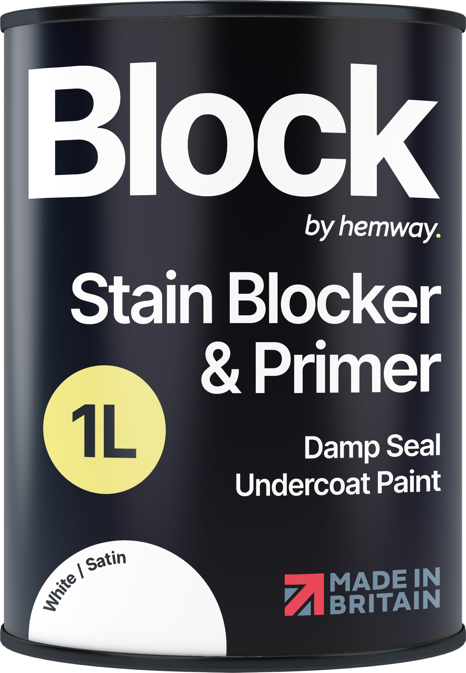 Hemway Stain Blocker Paint & Primer Satin White 1L - 1 Pack, Damp Seal | for Bathroom, Kitchen, Bedroom, Walls & Ceilings, Damp Proof, Wood Primer, Undercoat Stain Block Paint