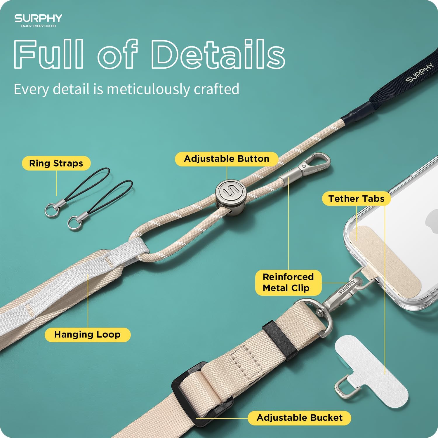 SURPHY Phone Lanyard Crossbody with Light-Activated Strap, Easy Adjustable Phone Strap with 2 Pack Cellphone Tether Tab, Premium Metal Buckles, Crossbody Cellphone Lanyard for Women and Men, Starlight