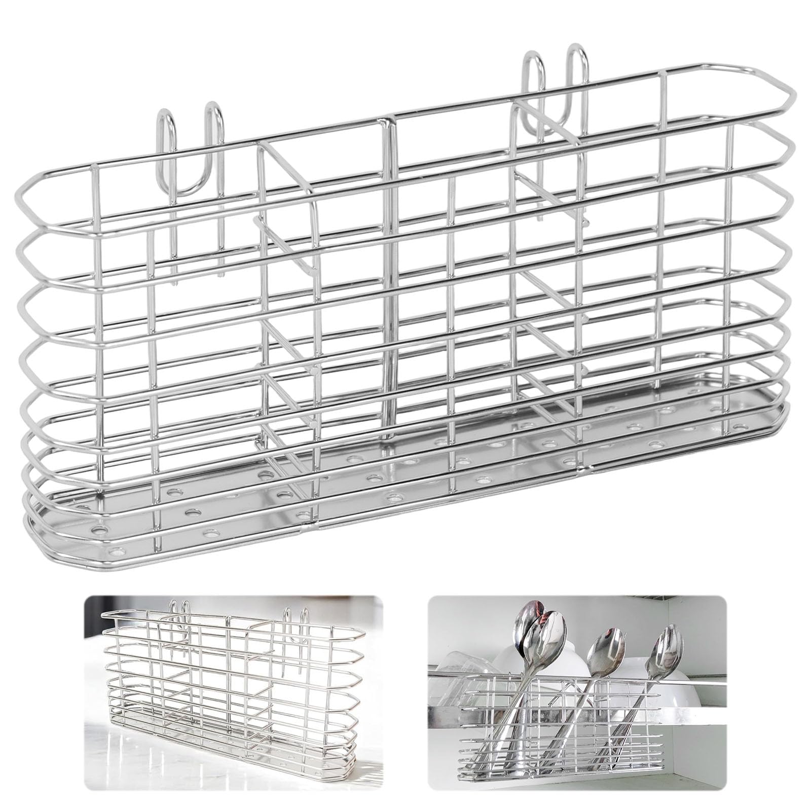 Vurixfo Sliver Cutlery Drainer For Sink, Stainless Steel Utensil Holder Dish Drying Rack Silver Utensils Storage Organiser Space-Saving Cutlery Drying Rack For Knife Fork Spoon Quick Dry, 20X9x4cm