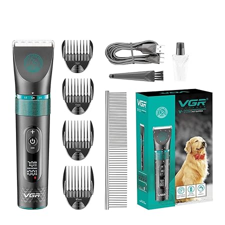 VGR V-209 Professional Pet Clipper Metal Housing Ceramic Blade IPX7 waterproof digital display 5 Speed motor 5000-7000RPM Cordless Pet Grooming Tools Small & Large Dogs Cats Pets Thick & Heavy Coats