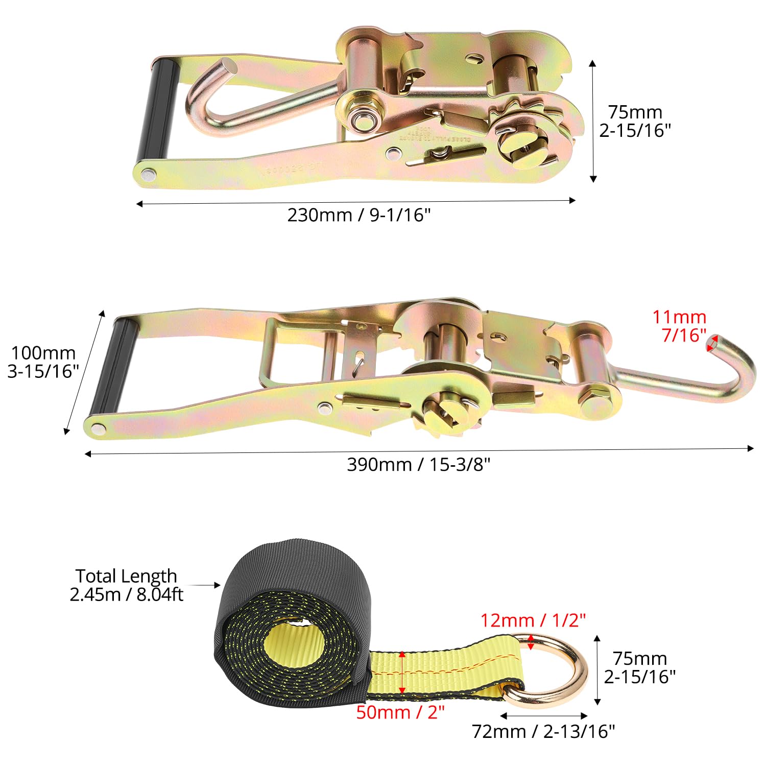 QWORK Cinghie di fissaggio per rimorchi per auto, confezione da 4, 5,1 x 243,8 cm, resistenza alla rottura di 4,5 kg, con ancoraggi a catena, in poliestere resistente ai raggi UV, per proteggere auto