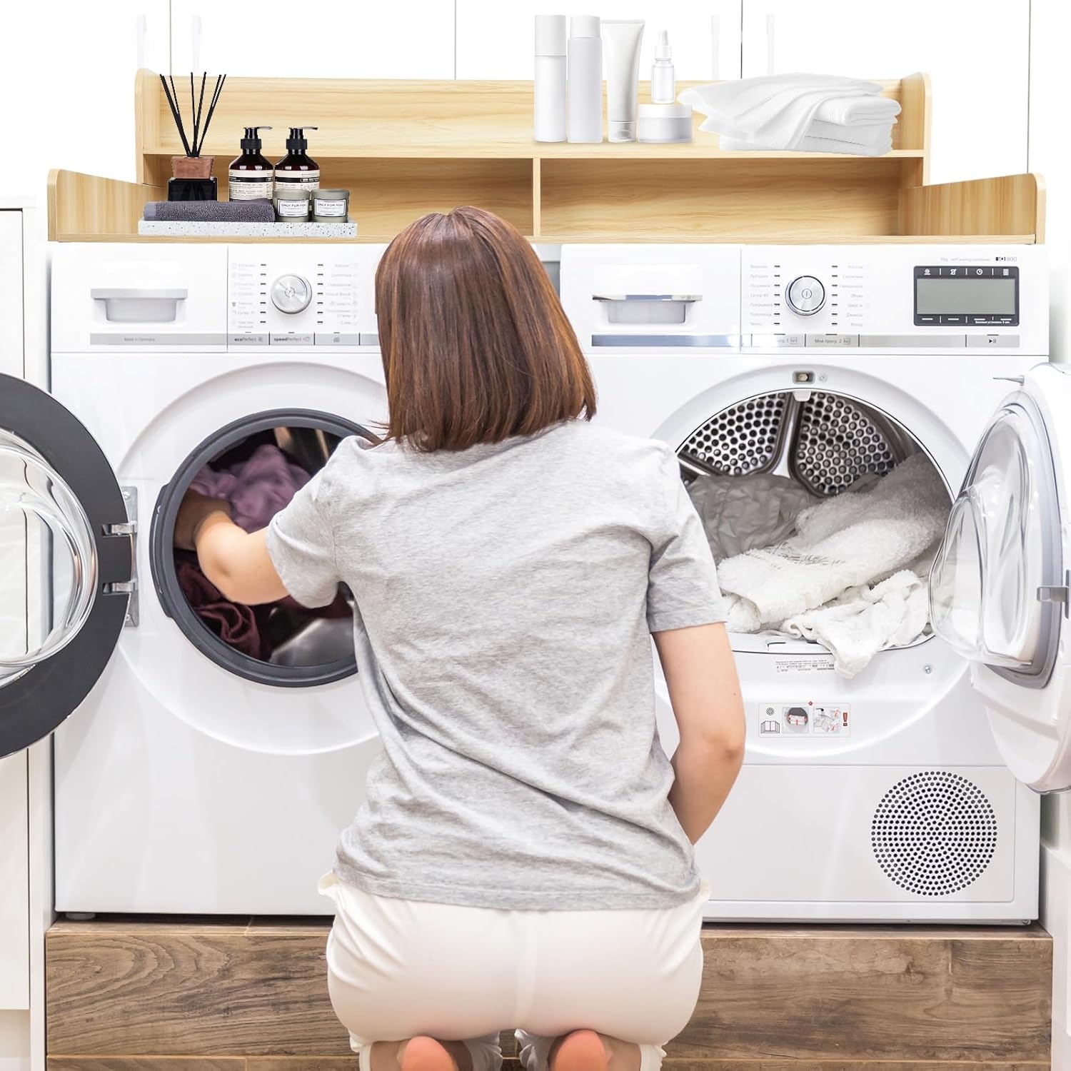 YOXIER Washer Dryer Countertop, Laundry Room Organization with 2-Tier Shelf, 54"W x 27.5"D Wooden Laundry Organizer, Laundries Countertop for Folding Clothes, Washer and Dryer Topper with Non-Slip Pa