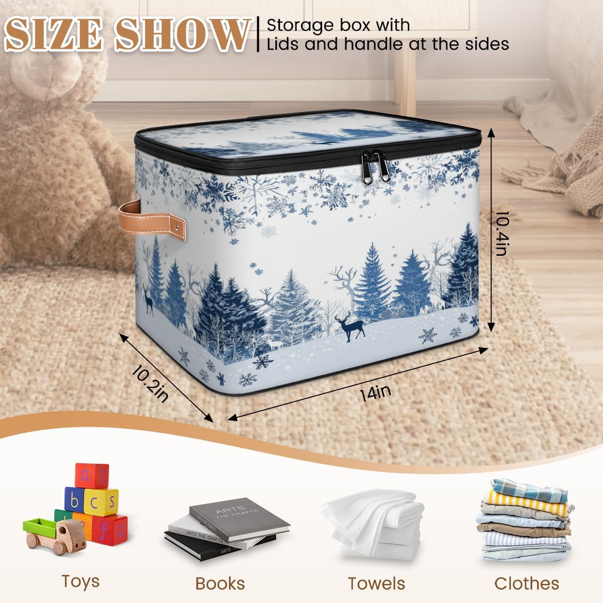 Storage Bin Set of 2 Winter Reindeer Snowflake Storage Basket with Zipper Lid & Handle Foldable Closet Shelf 2 Pack Cloth Organizer Basket Cube Bins for Bedroom, Nursery