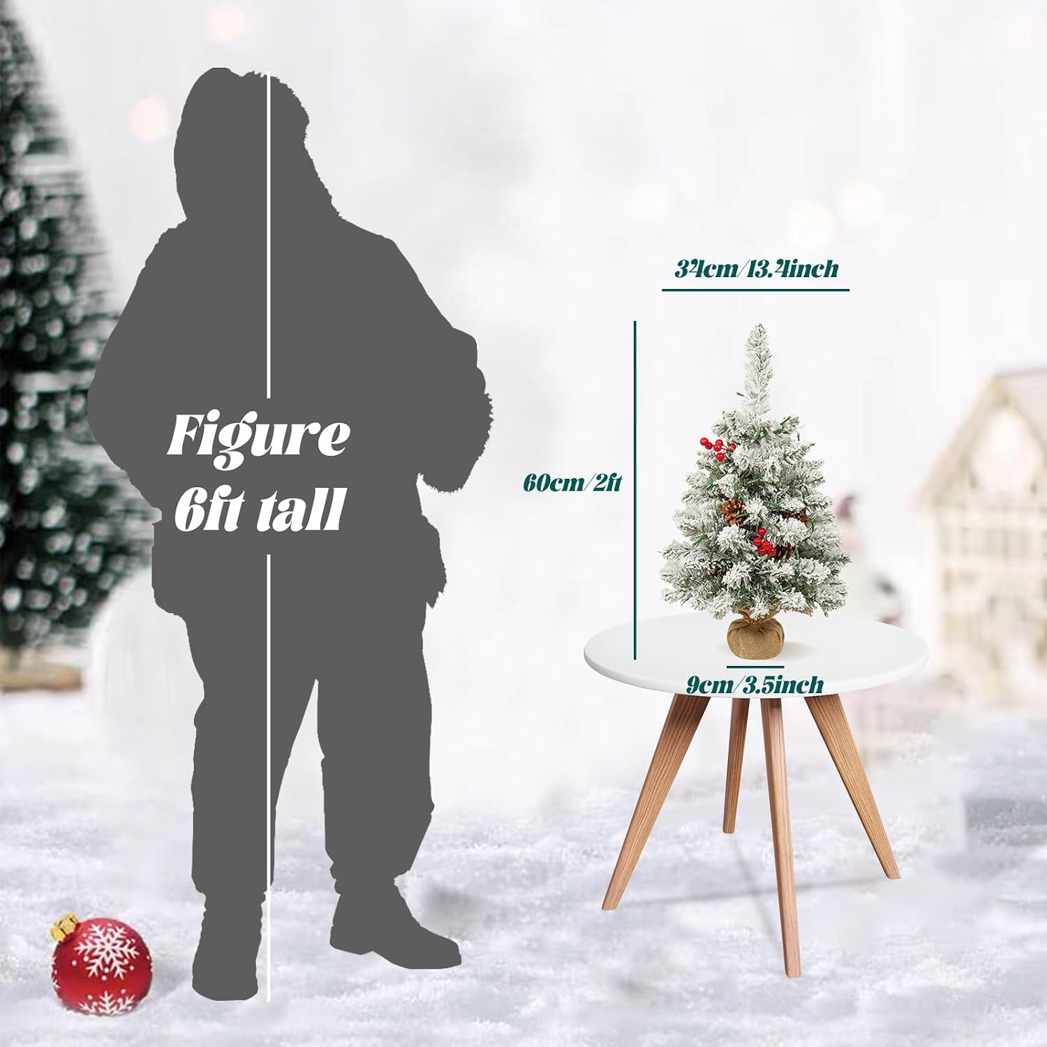 Uten Christmas Tree Flocking Snow Small, Round Pine Cones/red Fruits, 50 LED Waterproof Battery Box with Cement Base Mini Christmas Tree Christmas Decorations for Home, Office, Party