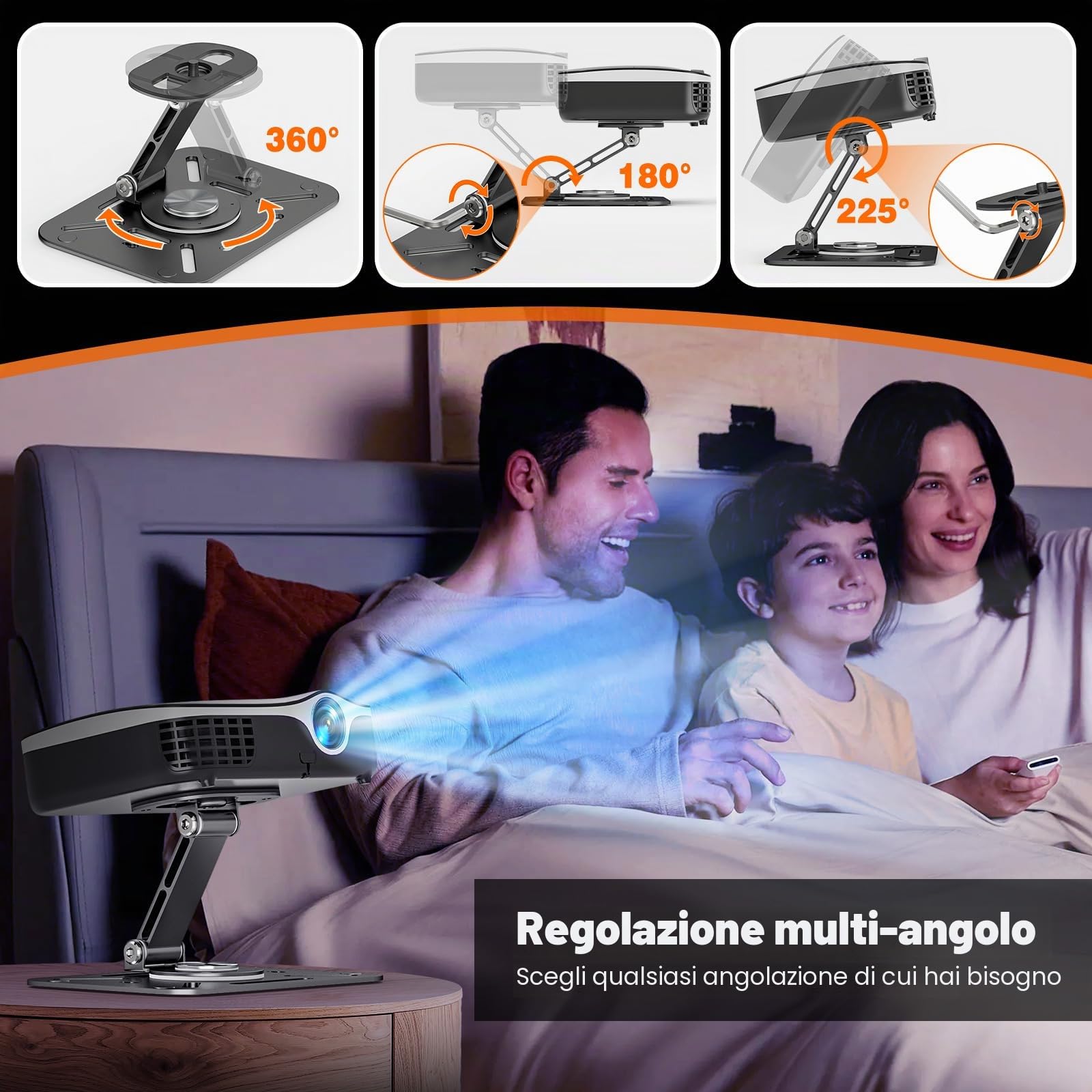 Supporto per Proiettore da Tavolo, Parete e Soffitto con Rotazione a 360°, Staffa per Proiettore in Metallo con Vite da 1/4" per Home Cinema, Sala Giochi, Ufficio (Nero)