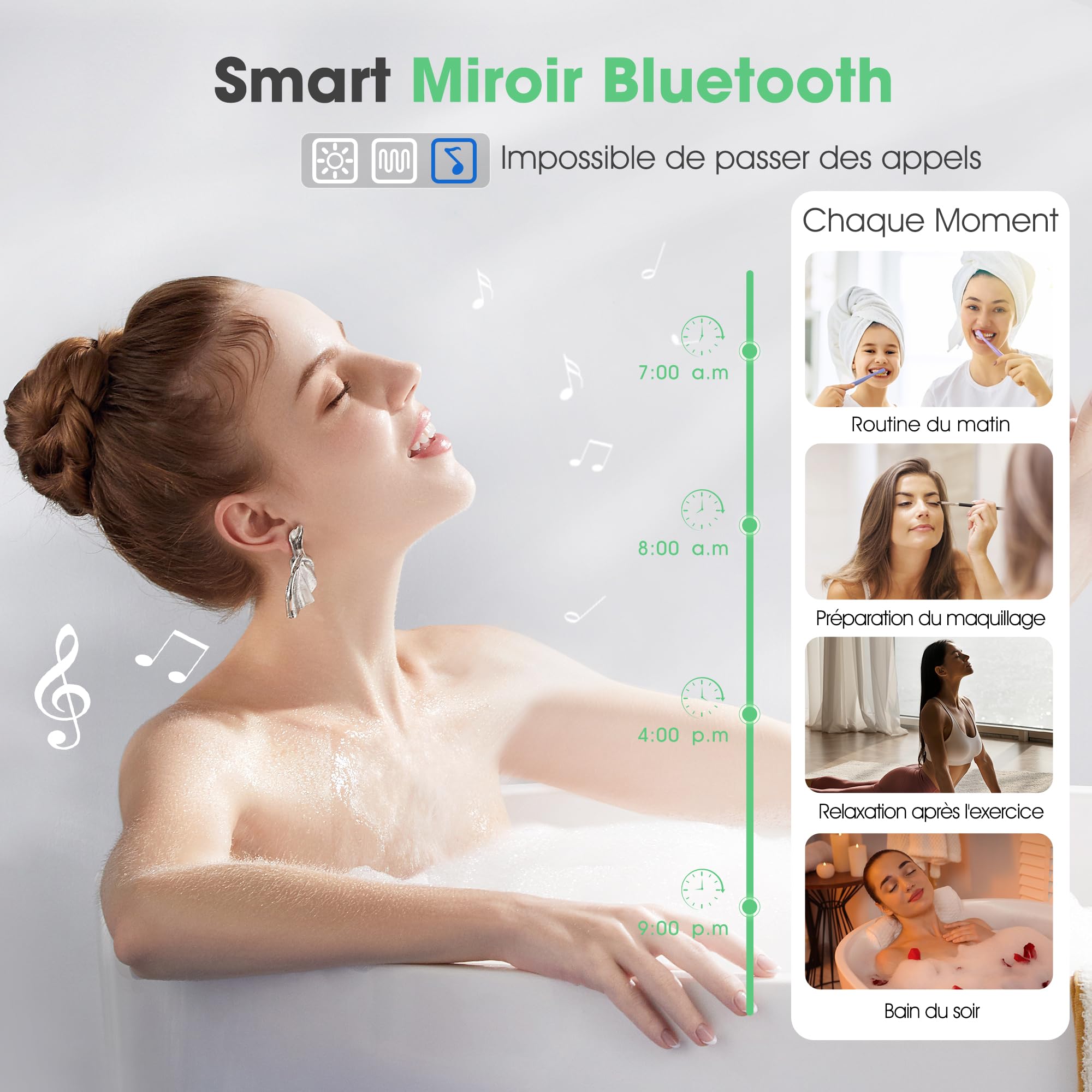 S'bagno Miroir-Salle-de-Bain-avec-Eclairage 120x70cm, Miroir-LED-Lumineux-avec-Bluetooth, Anti-buée, 3 Couleurs, Dimmable, Mémoire, Verre Trempé HD, Étanche IP44, Horizontal/Vertical