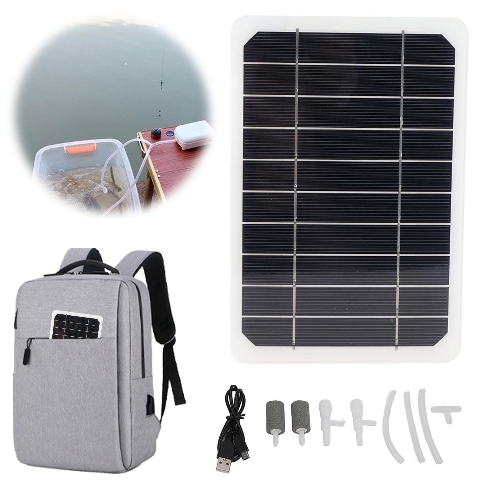 Pompe à oxygène Solaire pour étang, Pompe à air Portable 5W avec Panneau Solaire, Batterie intégrée de 2000mAh, Pierres à Bulles pour Piscine, hydroponie, Fontaine d'eau, Jardin