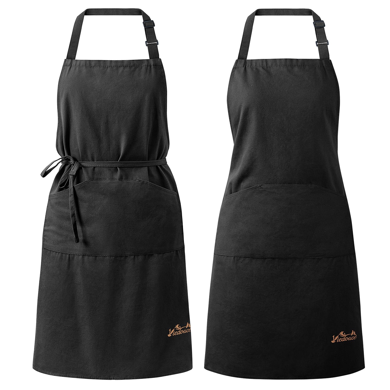 Viedouce 2 delantales de cocina 100% algodón para mujer y hombre, delantal de cocina ajustable con bolsillos grandes, d…