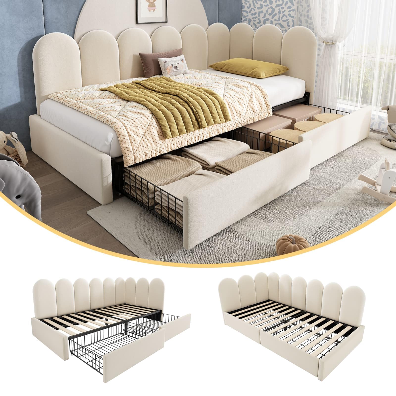 EURHCIO Lit 90x190cm,Canapé Lit en Velours avec 2 Tiroirs Rangement,Sommier à Lattes,pour Enfant Adolescent (Beige, 90x190-A)
