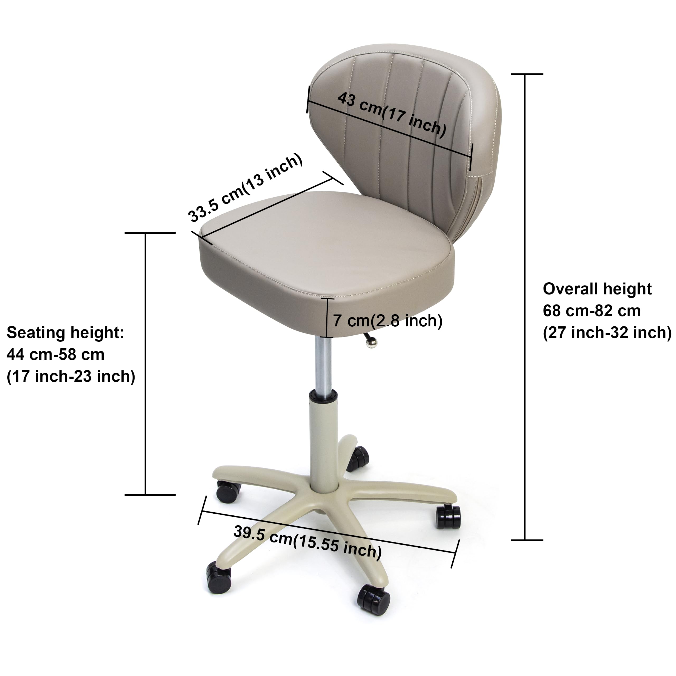 Elitzia Rollhocker ET51850 mit Rückenlehne, höhenverstellbar, PU-Leder, Kommode, Friseurladen, Hebekissen, Hocker mit Rollen, Salon, Tattoo, Büro, Massagesessel, Hocker ET51850 (grau)