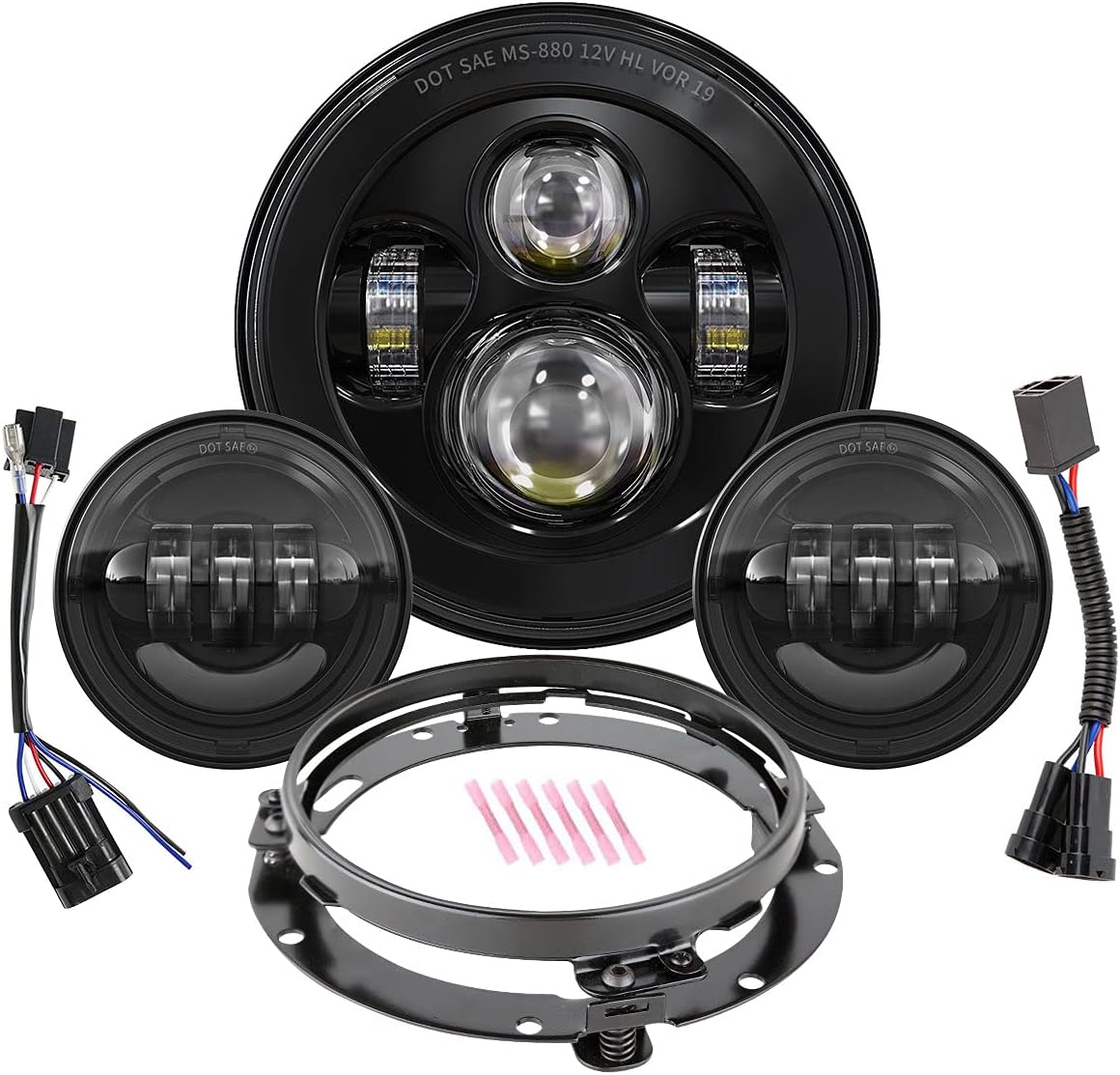 7 Inch Round LED Headlight Bulb kit With 4.5 Inch Passing Lamps Fog Lights Mounting Ring For Street Glide Ultra Classic Road King Electra Glide Heritage Softail Slim Deluxe Fatboy Tri CVO (Black)