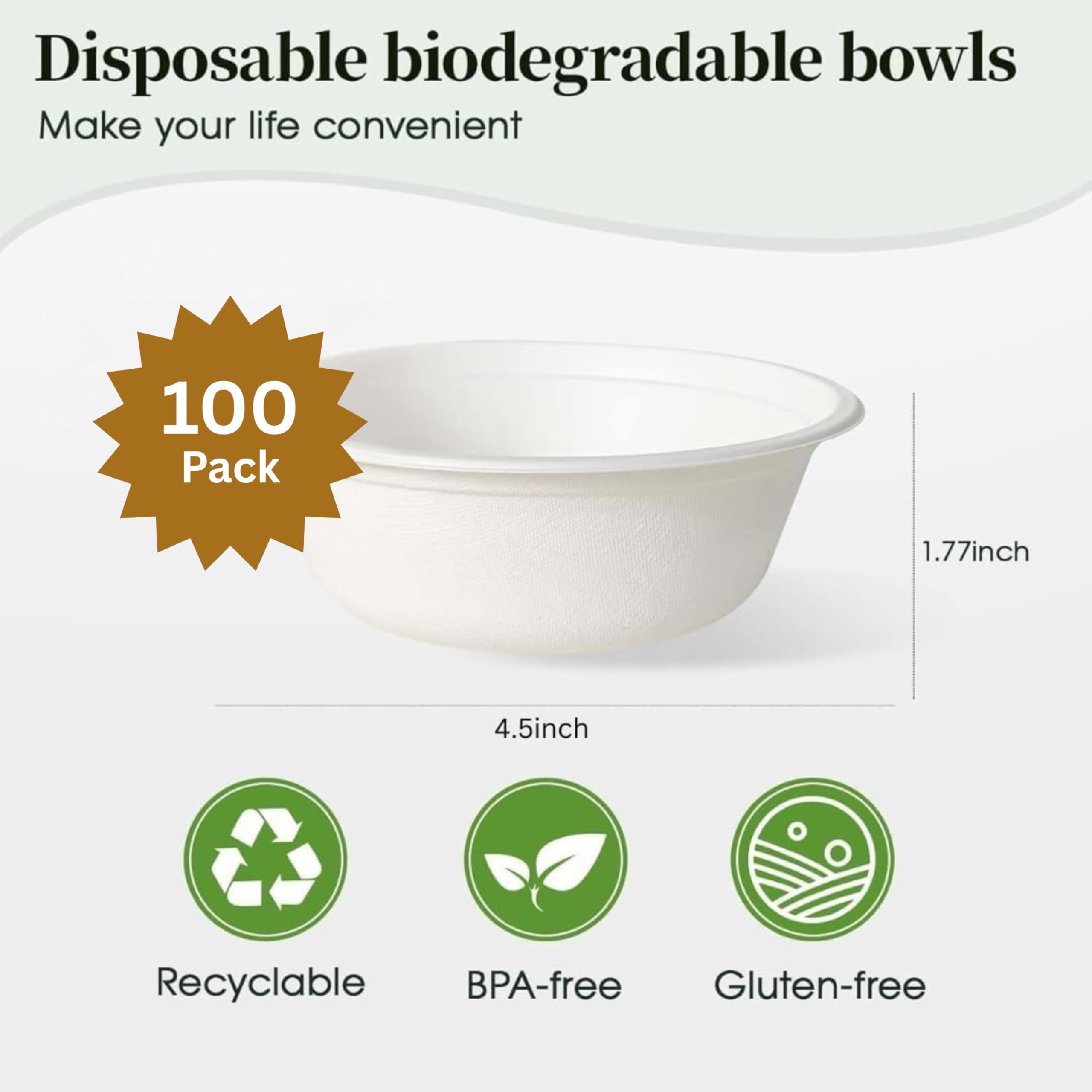 Ask Packaging 100 Pack Strong Paper Bowls, 240ml Small Disposable Compostable Bagasse Bowl for Party - Image 3