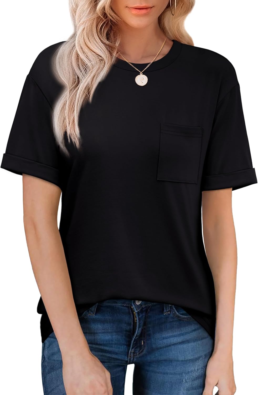 XIEERDUO Summer Tops for Women Casual Crewneck Short Sleeve Shirts Pocket Comfy XIEERDUO Summer Tops for Women Casual Crewneck Short Sleeve Shirts Pocket Comfy