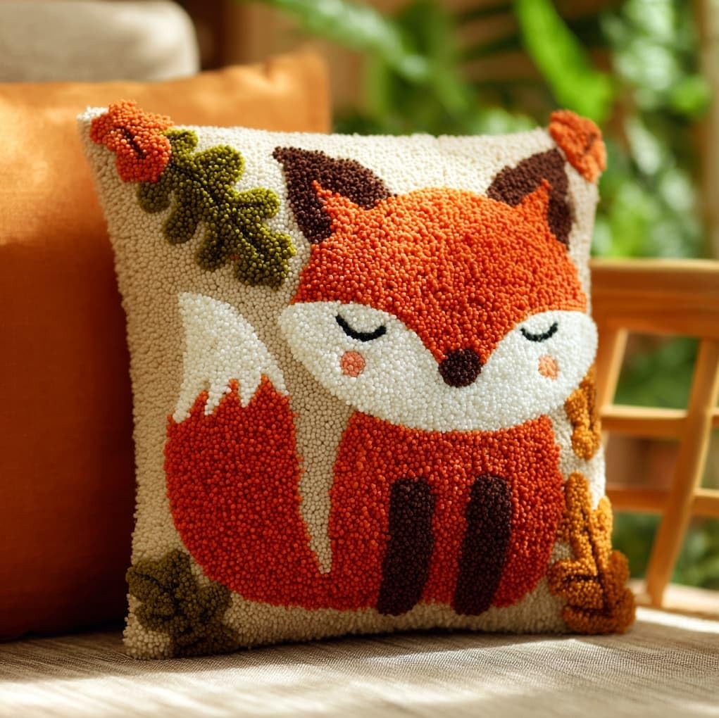 WallustrioaW Latch Hook Pillowcase Kits,Forest Little Fox,Needlework DIY Cushion Cover Hook and Latch Kit Christmas Home Crafts Sofa Decoration,17x17in