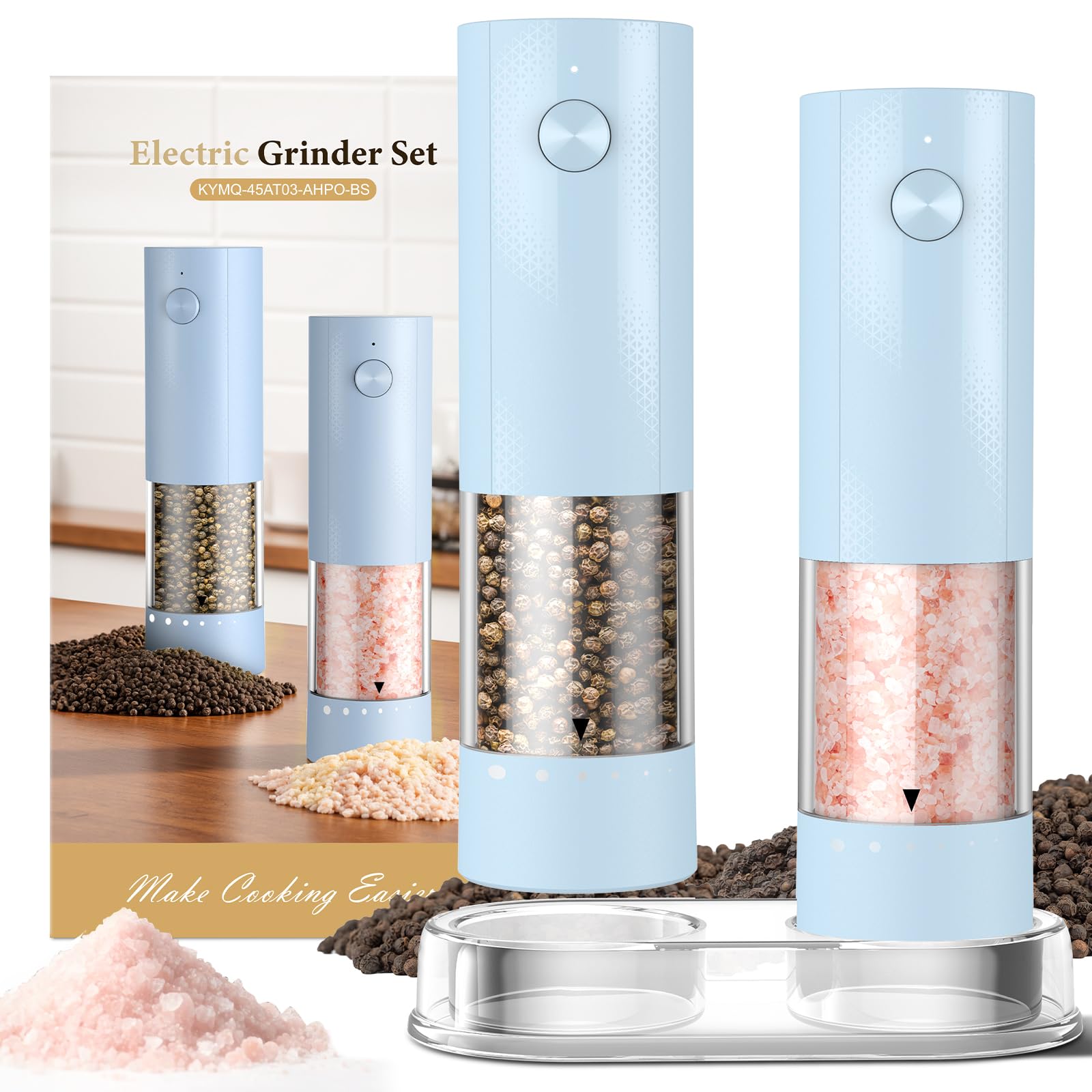 Electric Salt and Pepper Grinder Set - Rechargeable Automatic Salt and Pepper Shakers, Kitchen Appliances with External Adjustable Coarseness, Larger Hopper for Cooking, Home Gifts(2 Pack,Light Blue)
