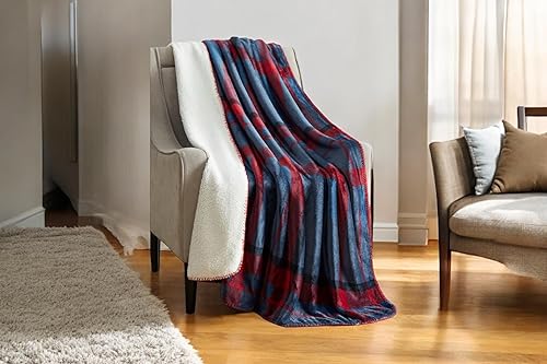 Serafina Home Manta de franela de invierno Sherpa para vacaciones: diseño a cuadros de tartán rojo y azul, forro polar mullido, felpa cálida, acento