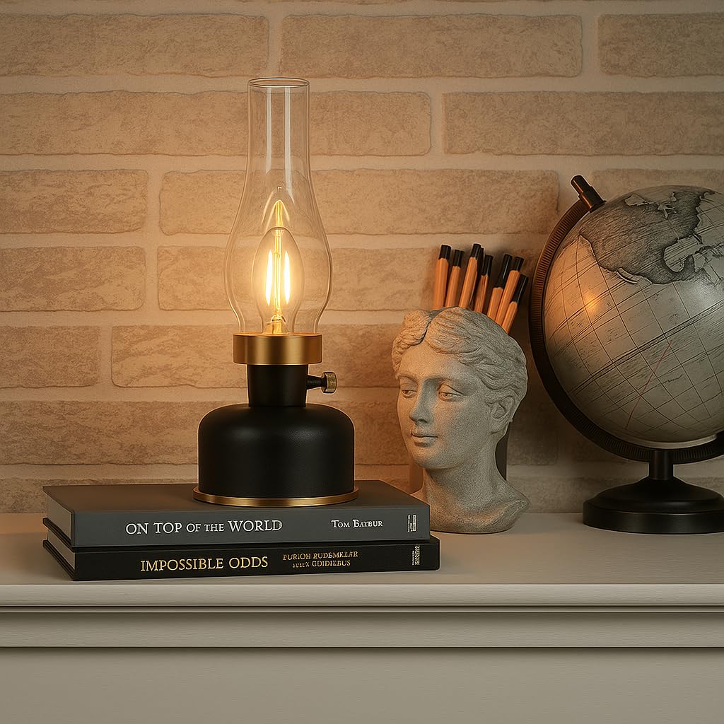 Lanterna da tavolo a LED a batteria, stile retrò, portatile, per esterni e interni, dimmerabile, resistente alle intemperie, IP44, per giardino, terrazza, balcone e campeggio, beige con dettagli